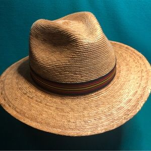 Tula of Austin, TX Straw Fedora w Striped Ribbon Band w Tula Medallion